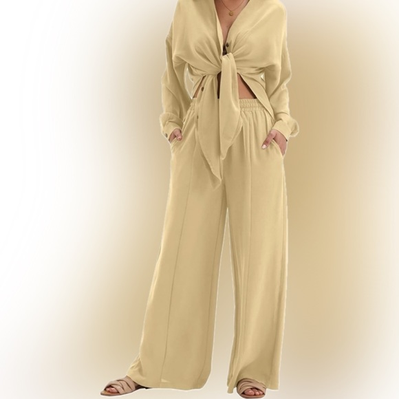 🆕 NWT - DEEP SELF 2 Pc Casual Slit Hem Button Shirt Wide Leg Pant Loungewear S - Picture 5 of 5